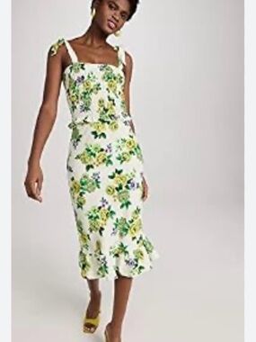 Amanda Uprichard White Floral Midi Dress with Yellow & Green Accents